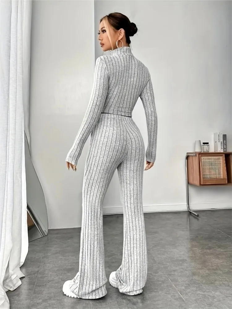 2024 Spring Women\'s Fashion Knitted Long Sleeve Waist Set Hoodie High Collar Loose Long Sleeve Long Pants Two Piece Set