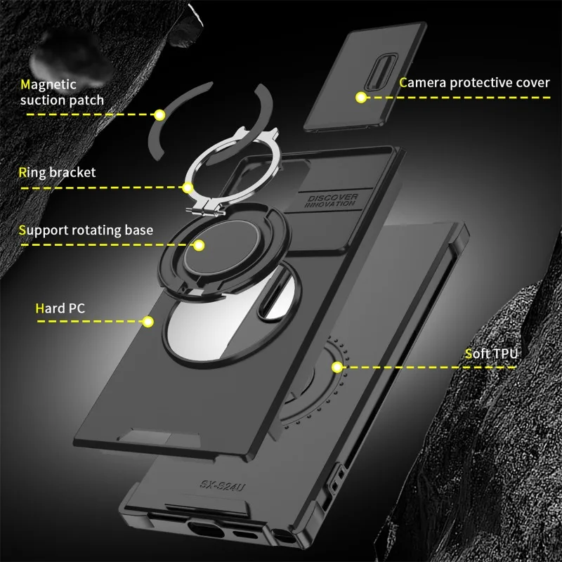 For Samsung Galaxy S22 S21 S23 FE S24 Ultra Plus A13 A14 A23 A54 5G A15 Rotating Stand Lens Push Window Magnetic Car Phone Case