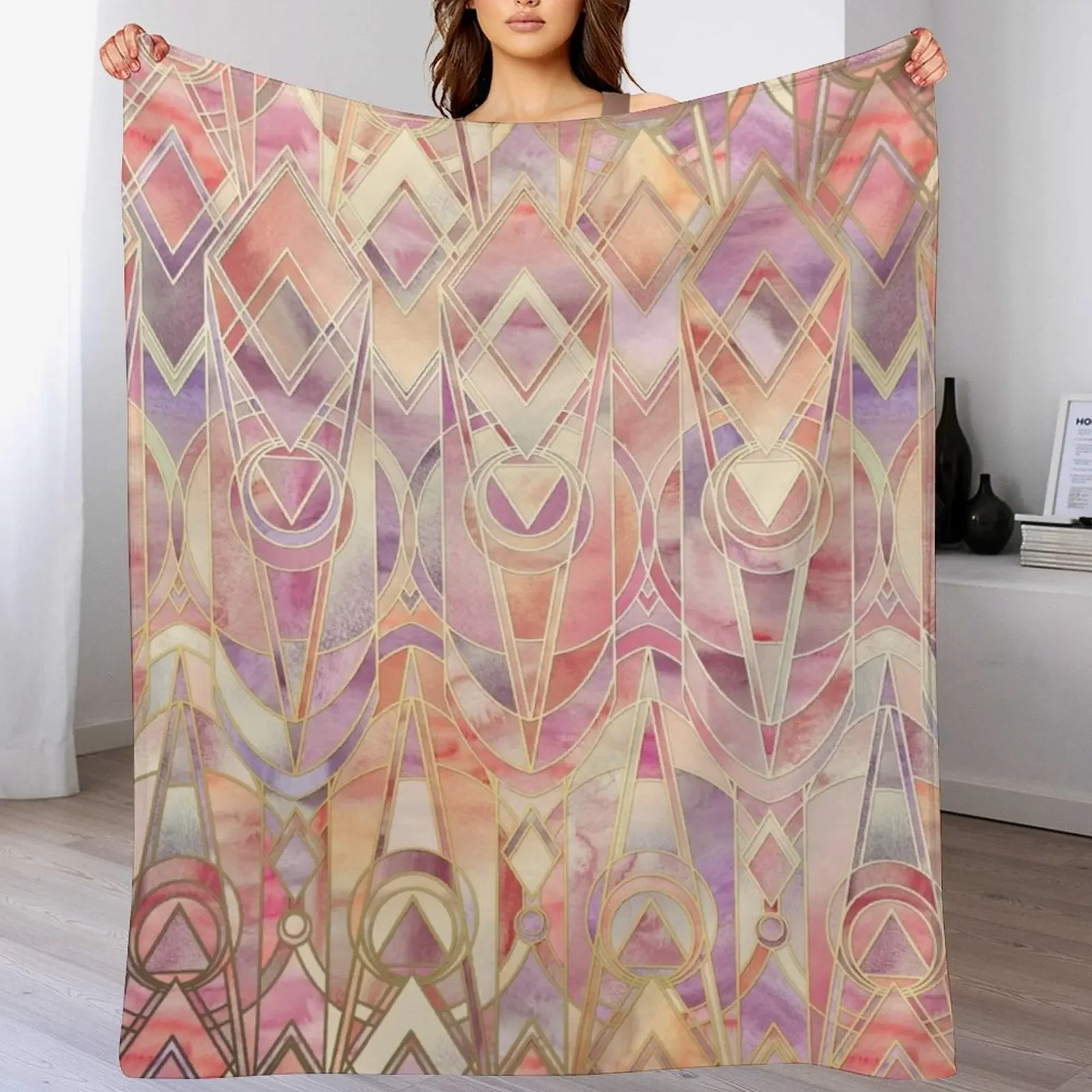 Glowing Coral and Amethyst Art Deco Pattern Throw Blanket Comforter Soft Beds Luxury Thicken Blankets