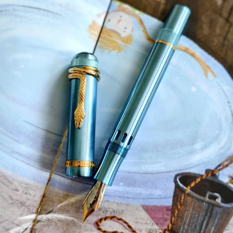 

MAJOHN Blue Titanium Fountian Pens Piston Inked Prince Tip M B 1.0 Authentic Quality Metal All Steel Ink Pen Writing Gift Set