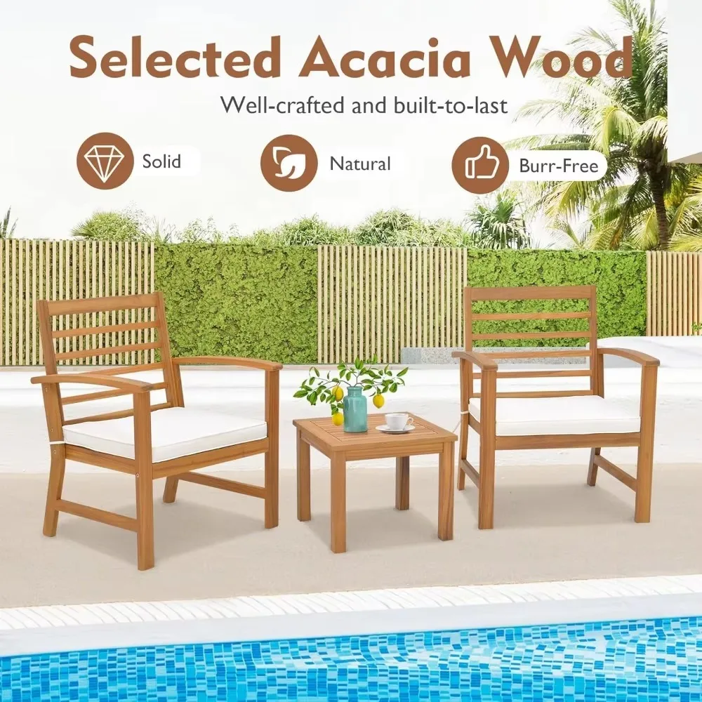 3 Pieces Outdoor Furniture Set, Acacia Wood Conversation Set with Soft Seat Cushions, Stable Acacia Wood Frame, Patio S