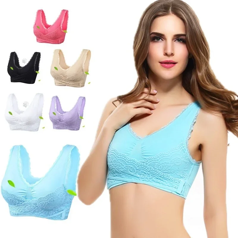 4XL Plus Size Sexy Lace Bralette Solid Cross Side Buckle Bra Brassiere Wireless Push Up Bras for Women Lingerie Sleep Underwear