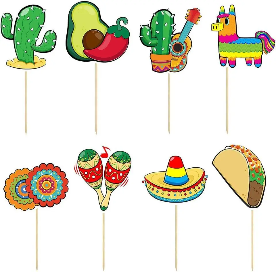 Mexican Carnival Cake Toppers, Cinco-De-Mayo Festa, Day of the Dead Elderade Los Muertos Taco Cactus Pinata, Cake Inserts, 24Pcs