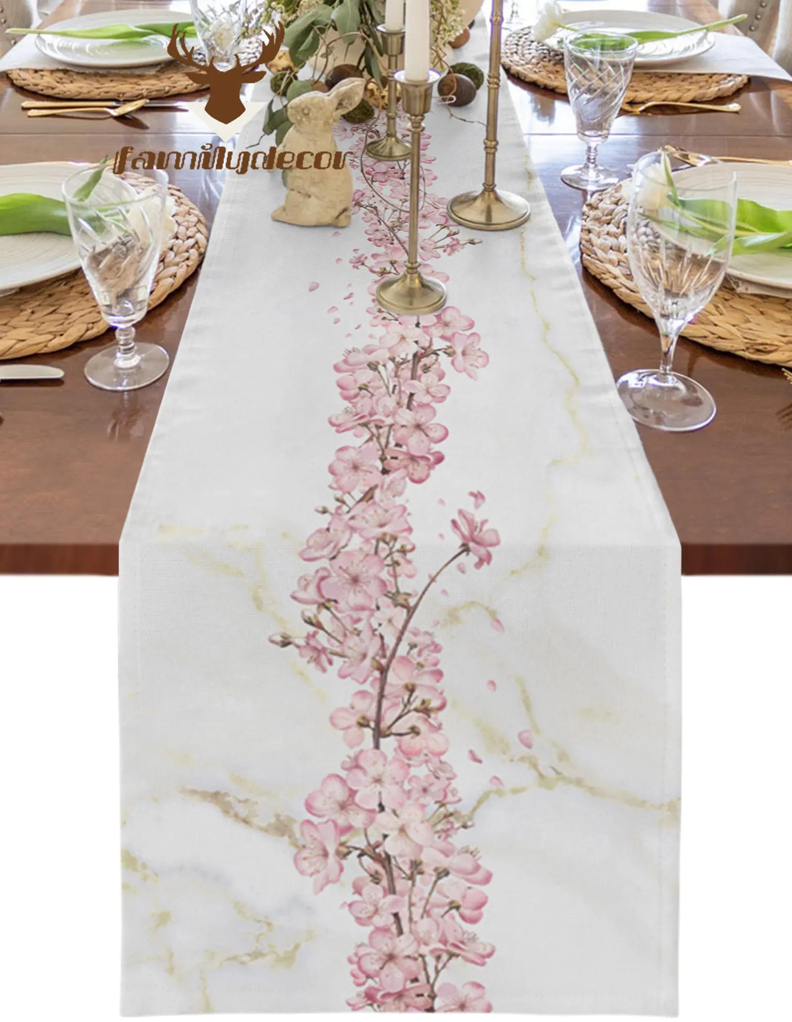 

Flower Cherry Blossom Marble Texture Table Runner Home Wedding Table Mat Centerpieces Decoration Party Dining Long Tablecloth