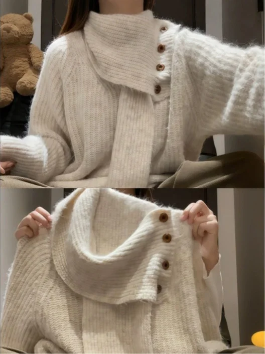 Korean High-End Lazy High Ne Sweater Women's Autumn Winter Overhead Detachable Scarf Outerwear Inner Match Knitted Top