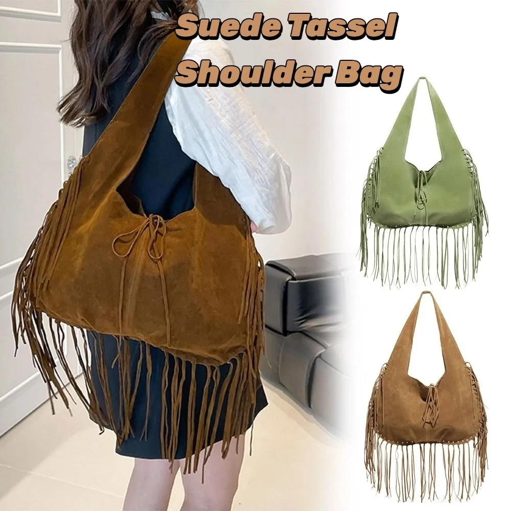 

Vintage Tassel Women Shoulder Bags Soft Velvet Female Hobos Armpit Bags Large Capacity Ladies Handbag Bolsa Brown Big Totes