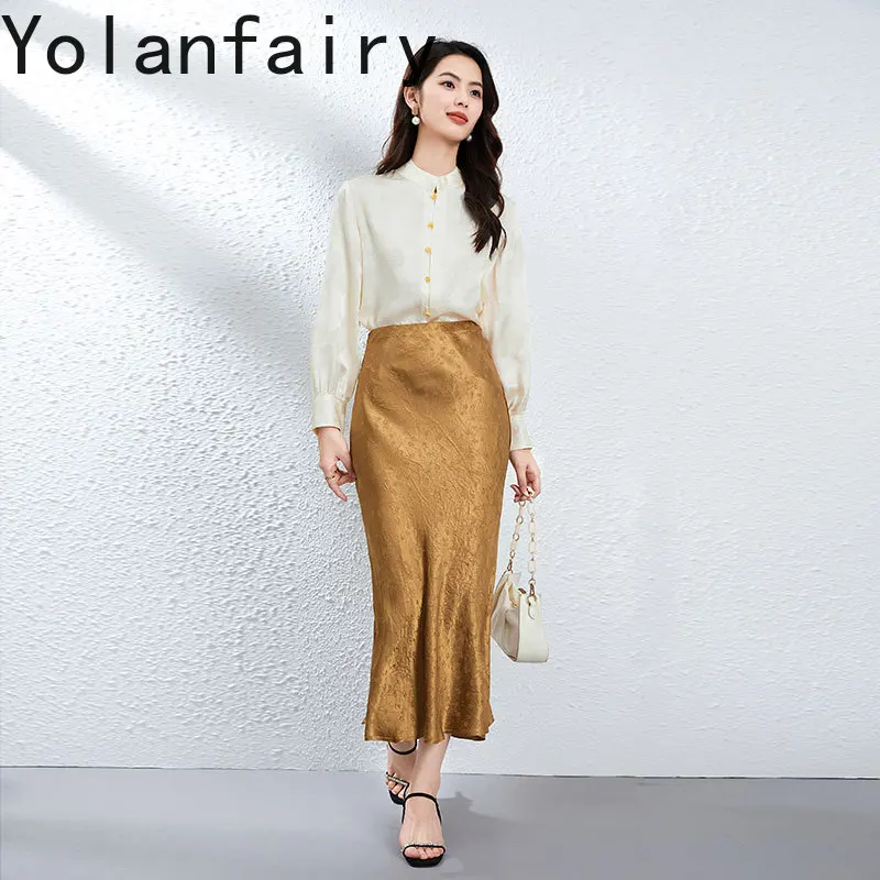 YOLANFAIRY Fashion 100% Acetate Long Skirts for Woman 2025 Elegant Jacquard Fishtail Skirt Women's Clothing Smooth Jupe Satin