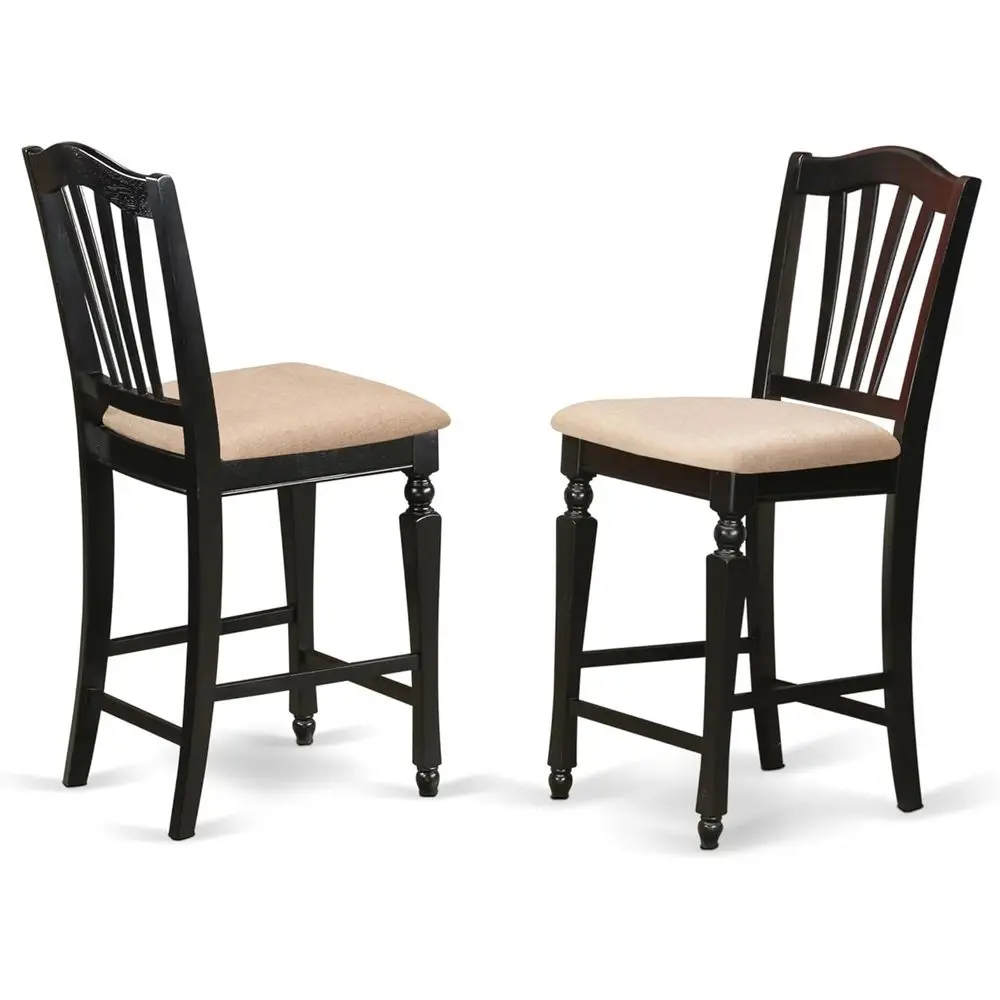 Linen Upholstered Solid Wood Counter Height Kitchen Chairs, Set of 2, Black
