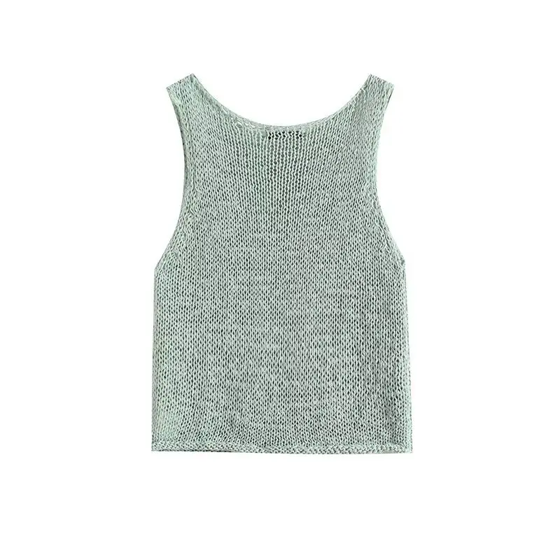 Mint Green Color Block Knitted round Neck Vest Top Women's Fashion Autumn 2024 Versatile Style Regular Length Other Material ...