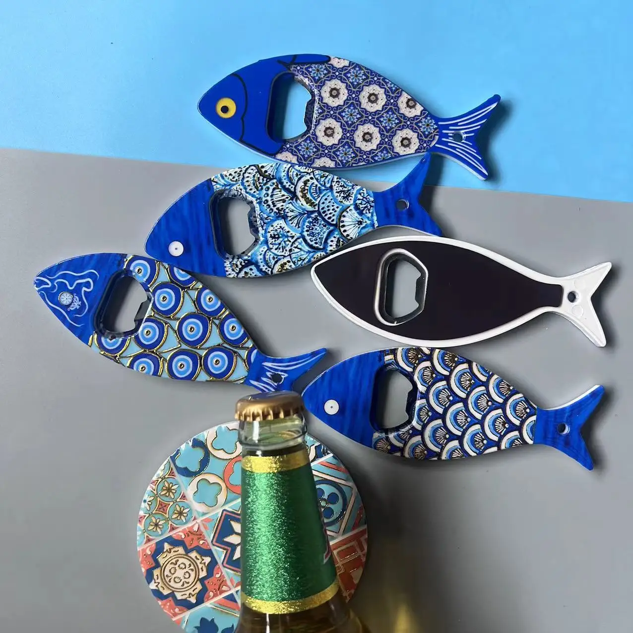 2 in 1 Fish Fridge Magnet  Bottle Opener Hand Made Acrylic Art Blue Pattern Melamine Material Bottle Opener Souvenirs Gift for F