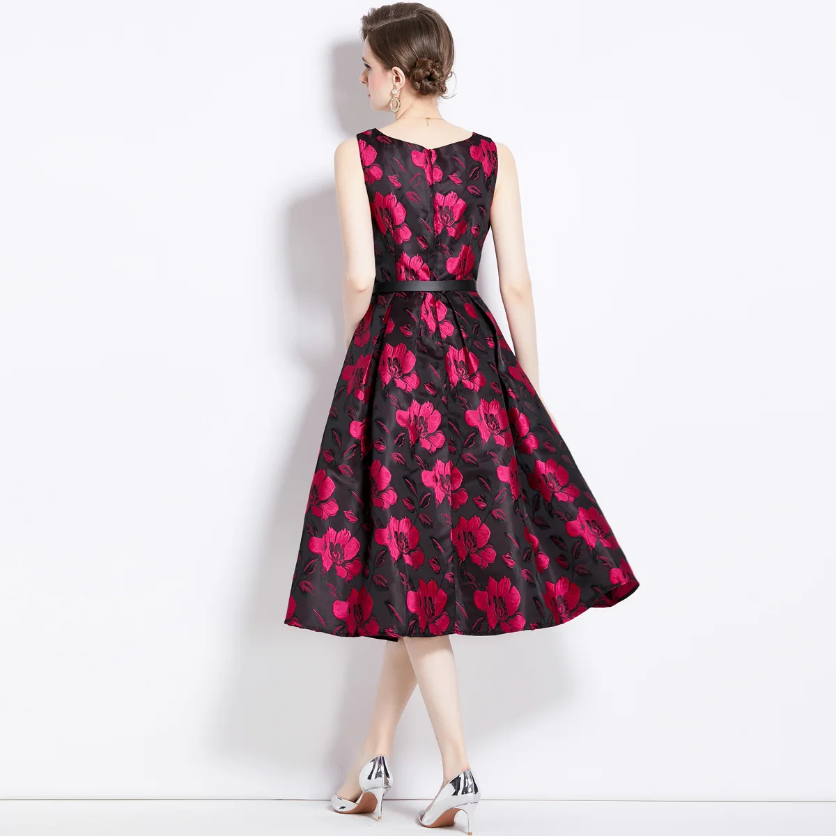 Robe jacquard fibre vintage pour femme, col carré avec ceinture, robe de cocktail, robes de soirée et de Rh