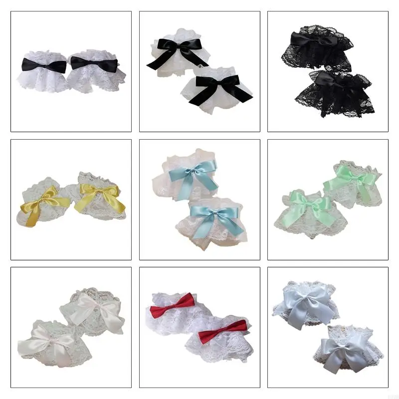 49MB Gothic Wrist Cuffs Sweet Bow Floral Lace Tulle Bracelet Wristband Japanese Maid Cosplay Hand Sleeve