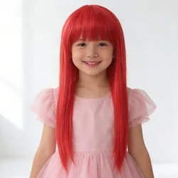 Children's Red Long Wig Hood Kids Headgear Coronet Baby Headdress Little Girl Anime Cartoon Hair Accessories for 3-4-5-6-7Years