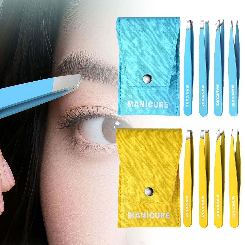 Conjunto profissional de pinças inclinadas de aço inoxidável, removedor de pelos faciais e sobrancelhas de alta precisão com pontas finas, estojo portátil