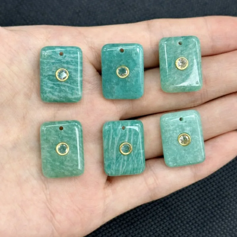 10pcs Stone Beads 20mm Zircon Inlaid Natural Stone Plain Tablet Hole Pendant Amazonite DIY Necklace Charms Wholesale