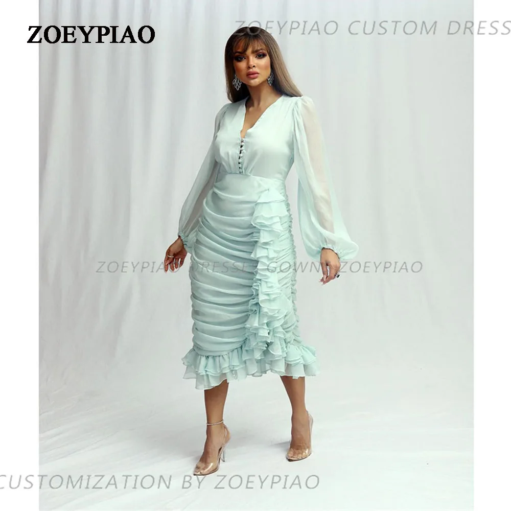 Light Green Chiffon Button Prom Dress High Quality Short Prom Dress Gowns With Ruffles Full Sleeves vestidos de fiesta de noche