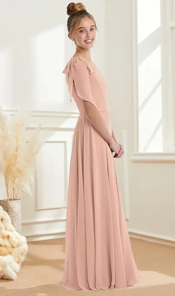 فساتين وصيفة الشرف للصغار بكتف واحد للفتيات المراهقات من الشيفون لفتاة الزهور وحزام ربطة عنق #3