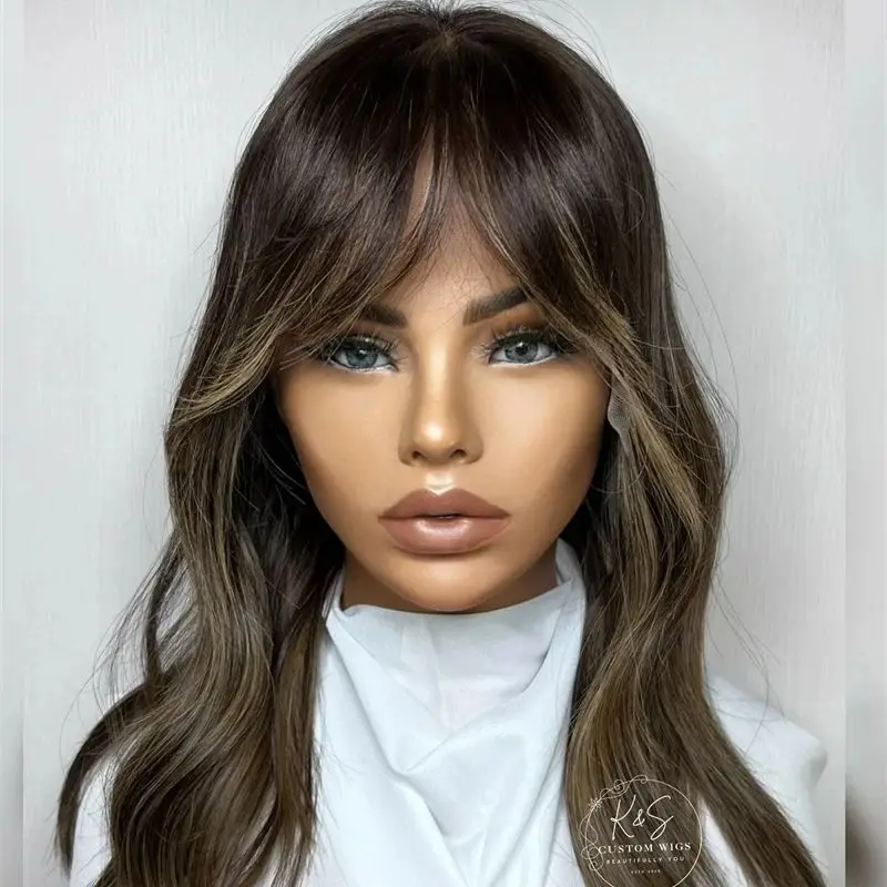 

Loose Wave Wig Top Grade Lace Wig with Bangs Brown with Blonde Highlights Synthetic Fibre Wigs Cheap Price Fringe Good Quality