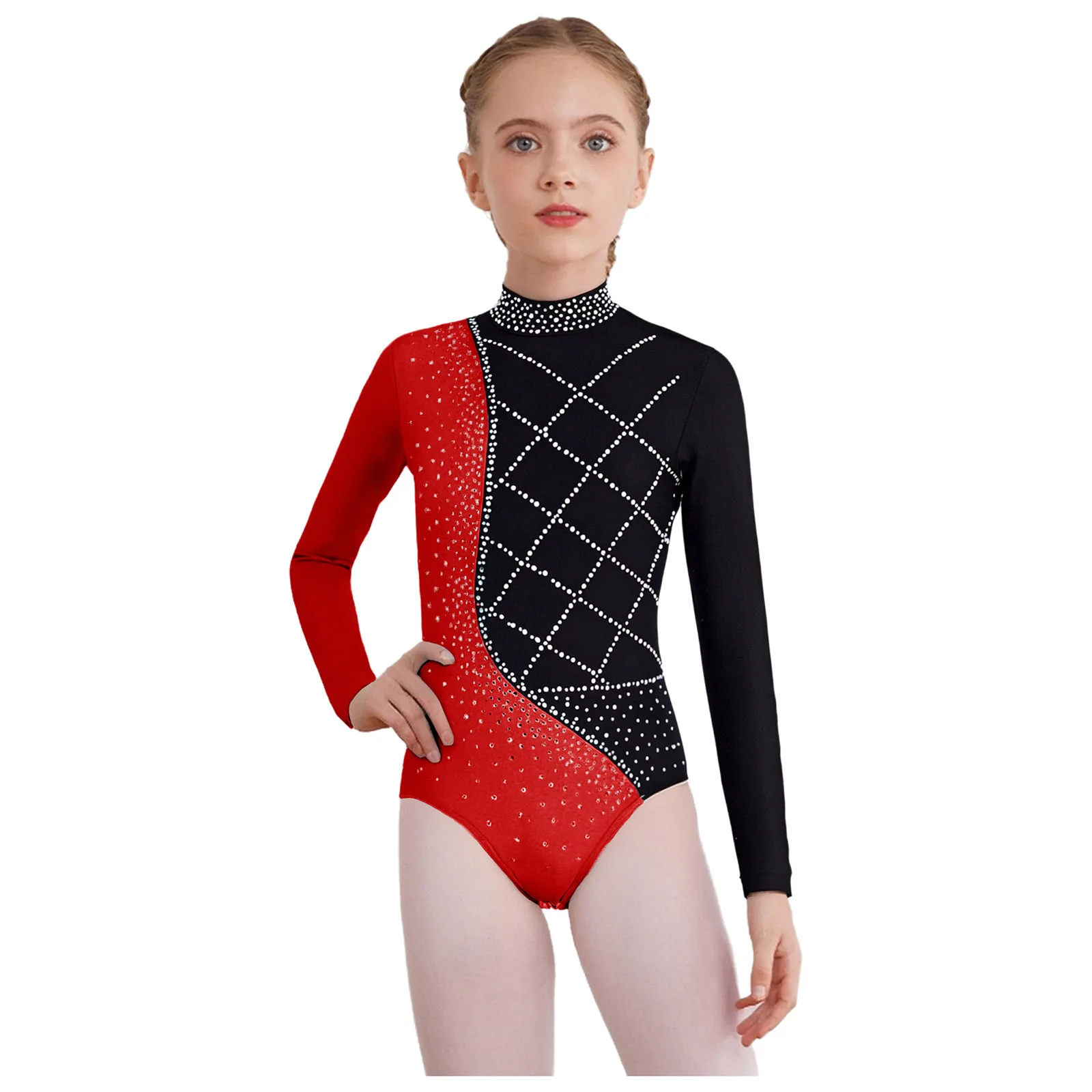 Leotardo de gimnasia y Ballet para niñas, traje de bailarina elegante de manga larga con diamantes de imitación, patinaje sobre hielo, Ropa de baile puesta en escena