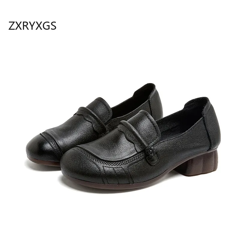ZXRYXGS Most Popular 2026 Retro Style Top Cowhide Women Middle Heel Shoes Comfortable Elegant Fashion Shoes Banquet Trendy Shoes