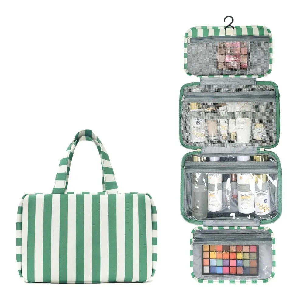 Portable Hanging Travel Toiletry Bag 4-Fold with Hook Makeup Bag Large Capacity Striped Cosmetic Bag Travel image 3