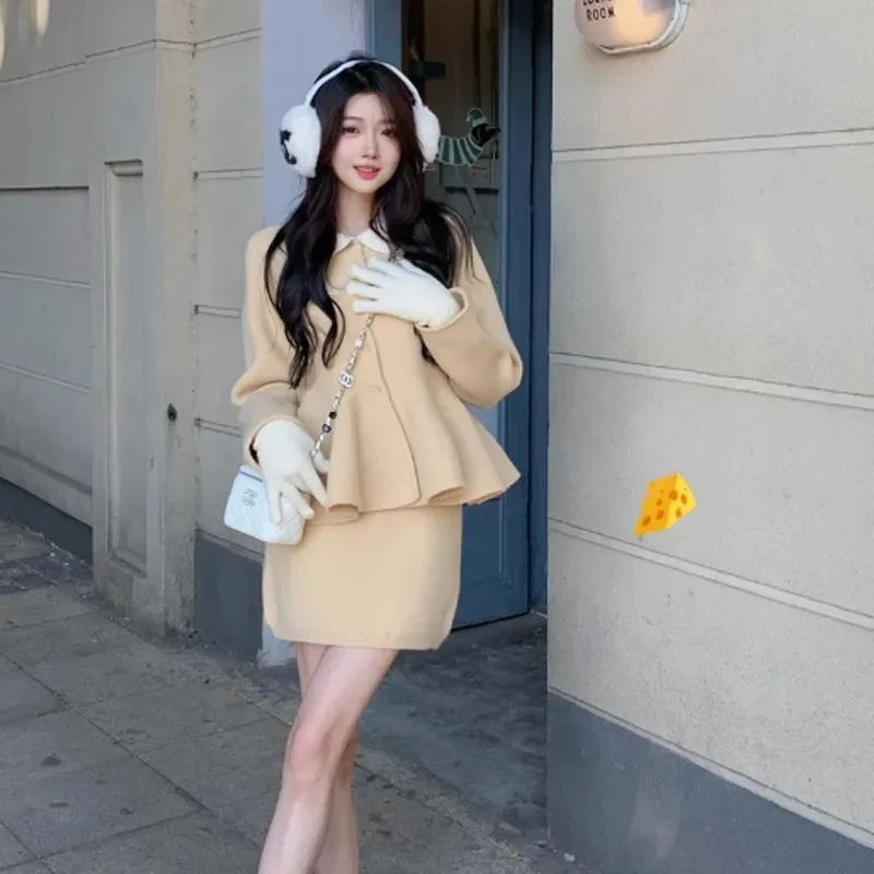 Sweet Doll Neck Knit Cardigan Skirt Two-piece Set Women Fashion Korean Flounce College Celebrity Slim Winter Sweater Chic Suit