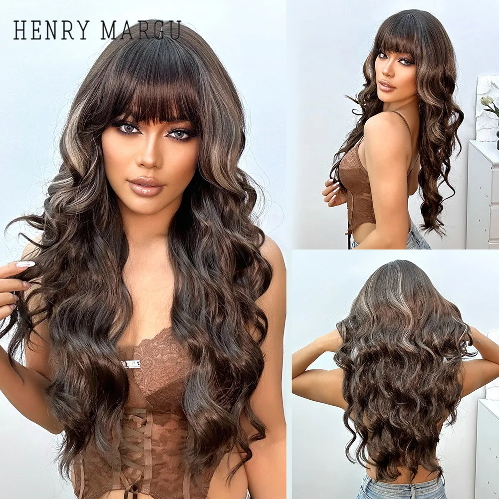 HENRY MARGU Brown Highlight Synthetic Wavy Wigs for Women Long Brown Wig with Bangs Heat Resistant Fiber Mixed Brown Daily Hair