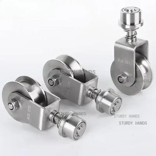 Rueda de ranura universal giratoria de acero inoxidable 304, resorte de absorción de impacto, rueda de carril de puerta móvil para patio, polea de ranura U/V/H