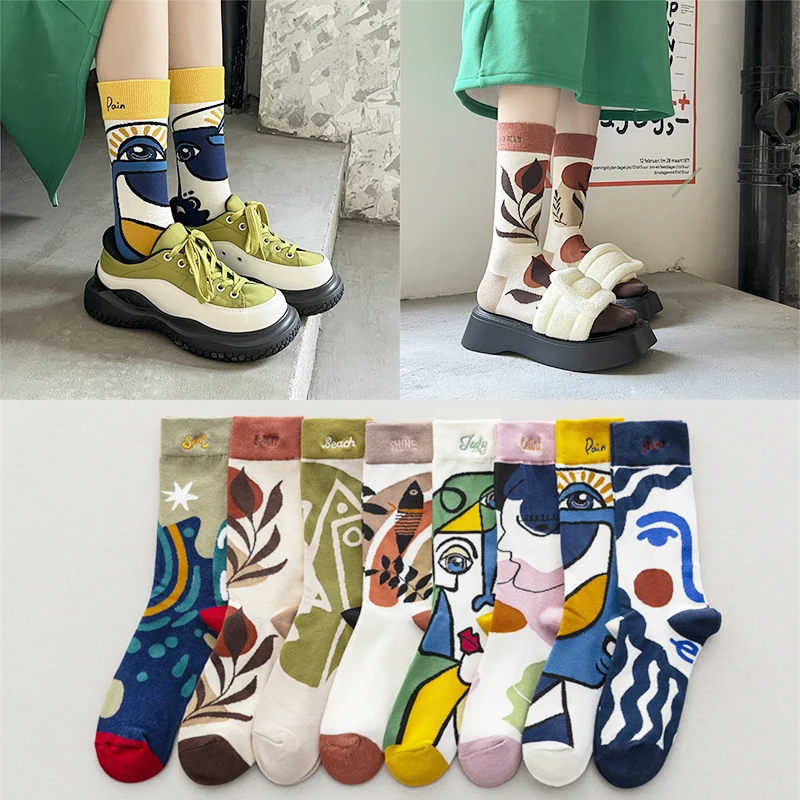 Literary Autumn Winter Retro Women New Art Harajuku Ins Jacquard Oil Painting Socks Funny Happy Socks