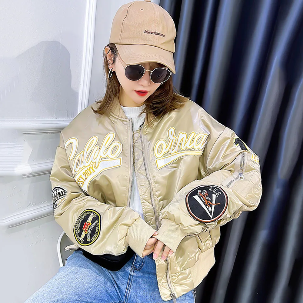 Harajuku Fashion Women Long Sleeve Varsity Cotton Jacket Y2k Top Streetwear Bomber Coat Military Army Casual Baseball Parka Lady