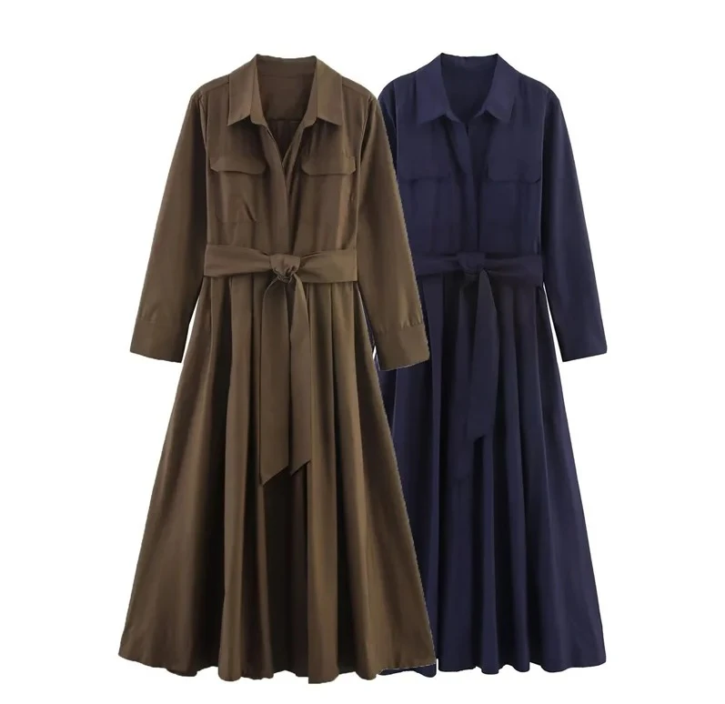 فستان نسائي خريفي جديد بلون سادة وأكمام طويلة نمط قميص على شكل حرف A وحزام فستان مزين بشخصية عصرية غير رسمية #1