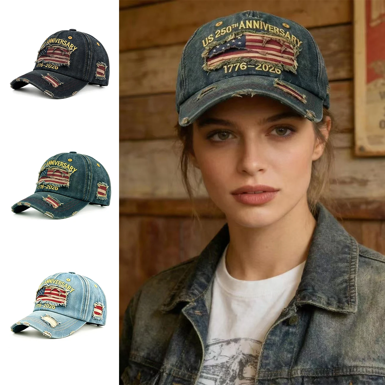 250th Anniversary Twill Baseball Cap of Denim America Flag Cap Jean Cap Unisex Sun Hat Visor Cap