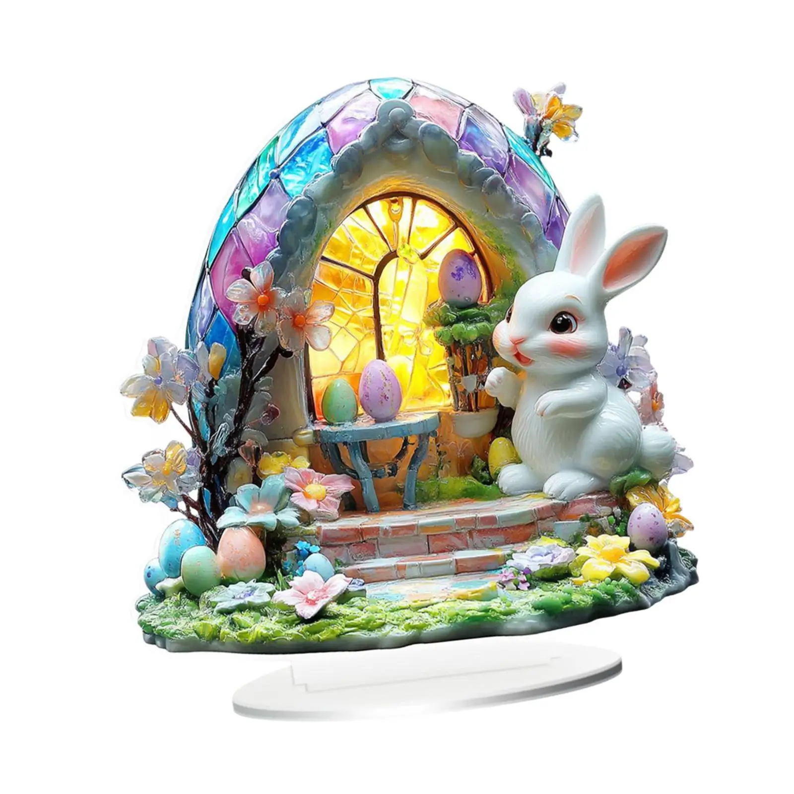 Fairytale Garden Bunny Acrylic Tabletop Ornament Decorative 2D Flat Easter Figurine for Windowsill Bedside Table