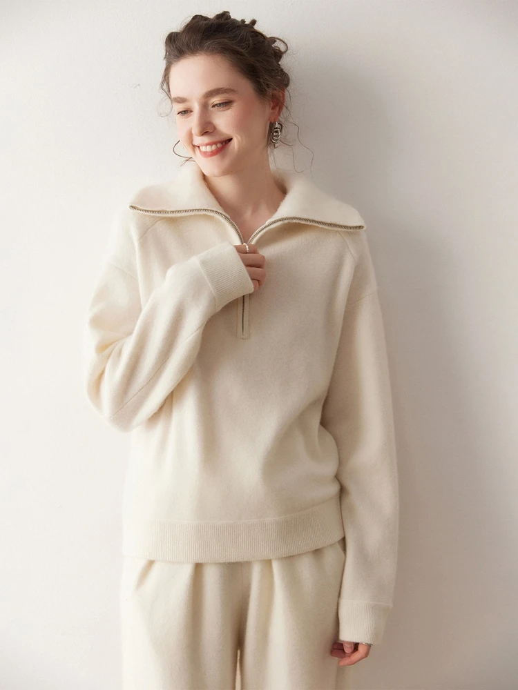 TLOML 가을 겨울 여성용 100% 캐시미어 스웨터 두꺼운 하프 지퍼 터틀넥 풀오버 캐주얼 루즈 캐시미어 니트웨어 편안한 탑