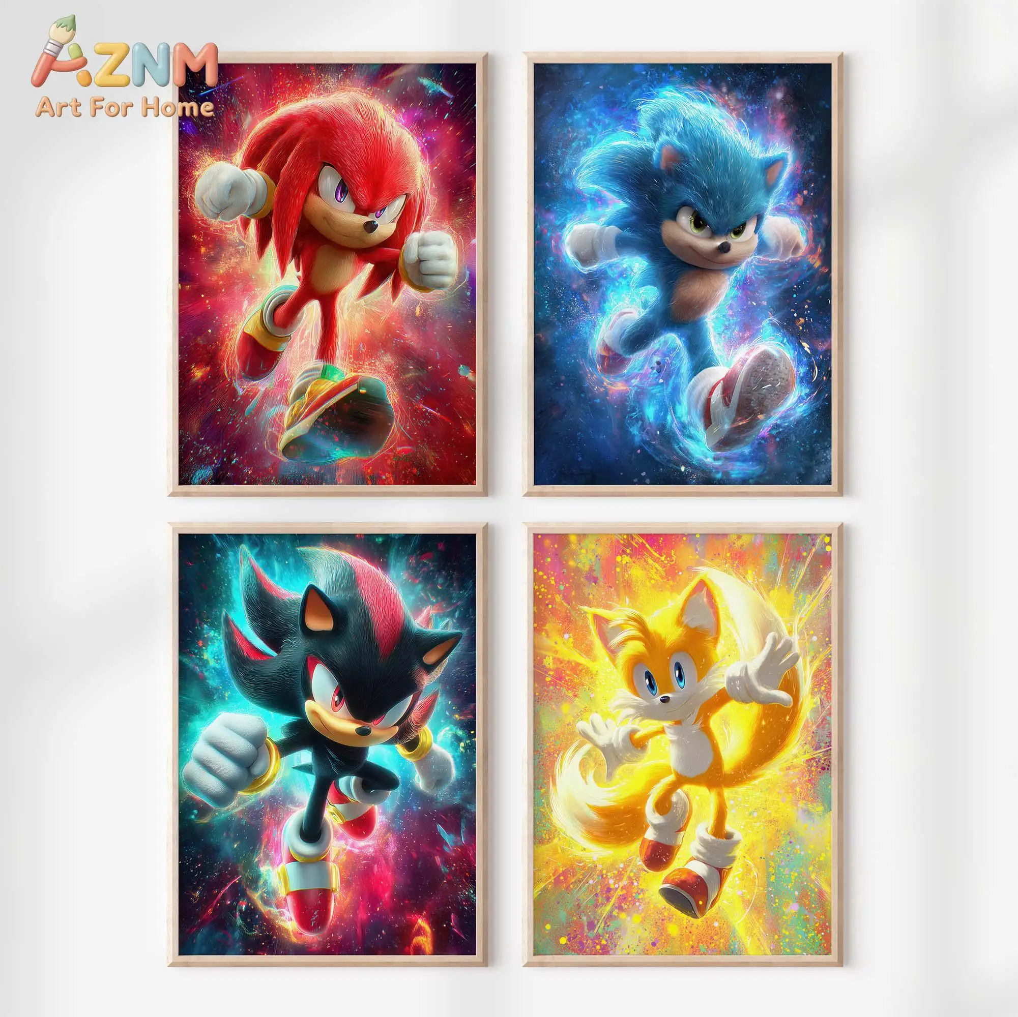 Juego de pósteres decorativos de Sonic - Impresiones de Sonic, Tails, Knuckles y Shadow - Decoración para habitación de niños con temática de Sonic