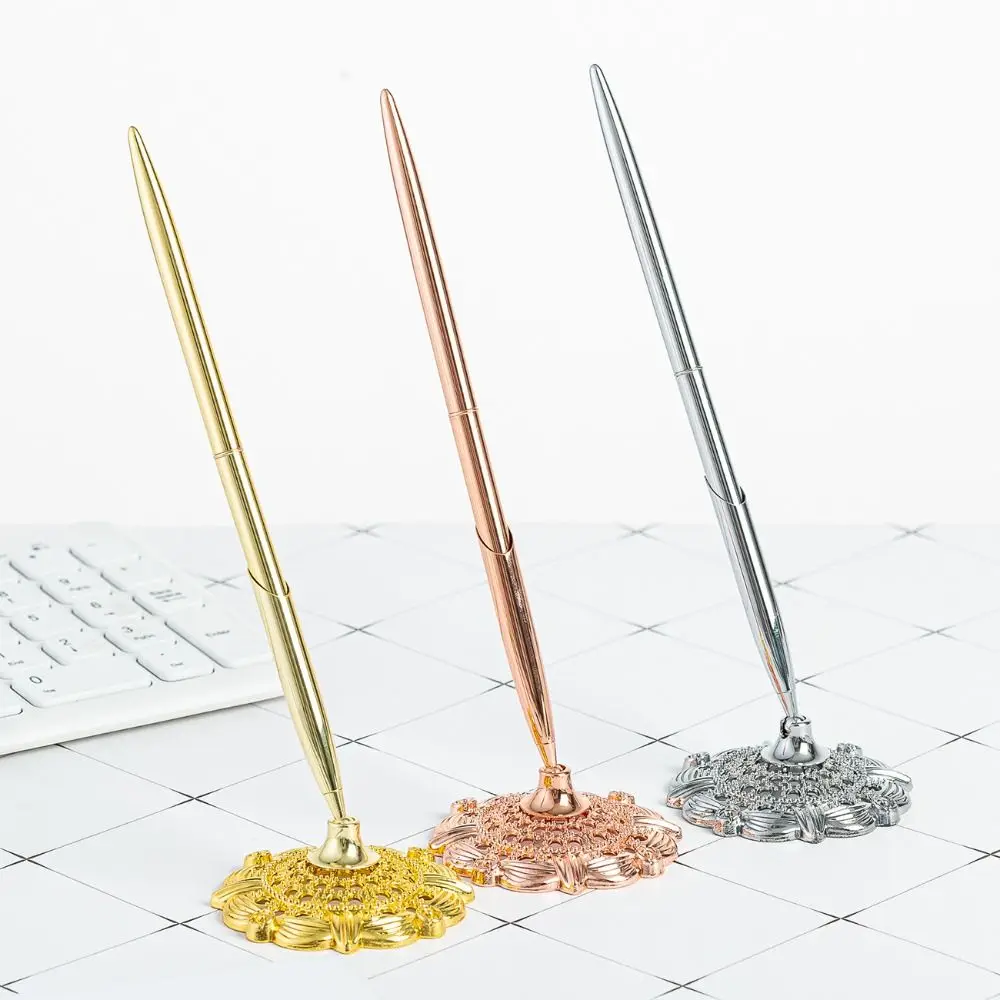 

Attached Base Signing Diamond Pen Wedding Decor Smooth Writing Reception Desk Pen Antique Table Decor Metal Pen Stand Holder