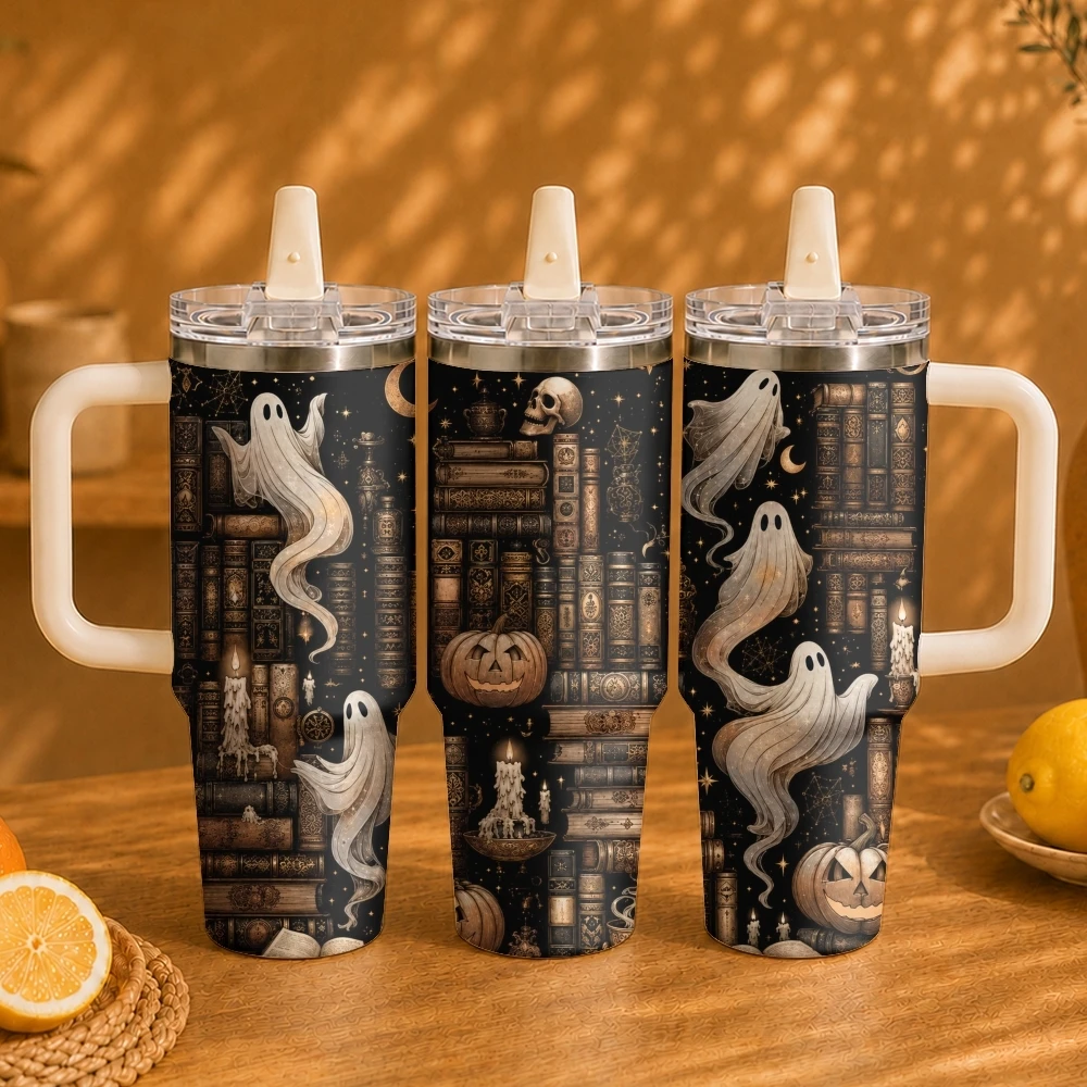 The Halloween Ghost Library Vacuum Flasks 40oz Vacuum Insulated Travel Mug - Stainless Steel Straw Cup Lid