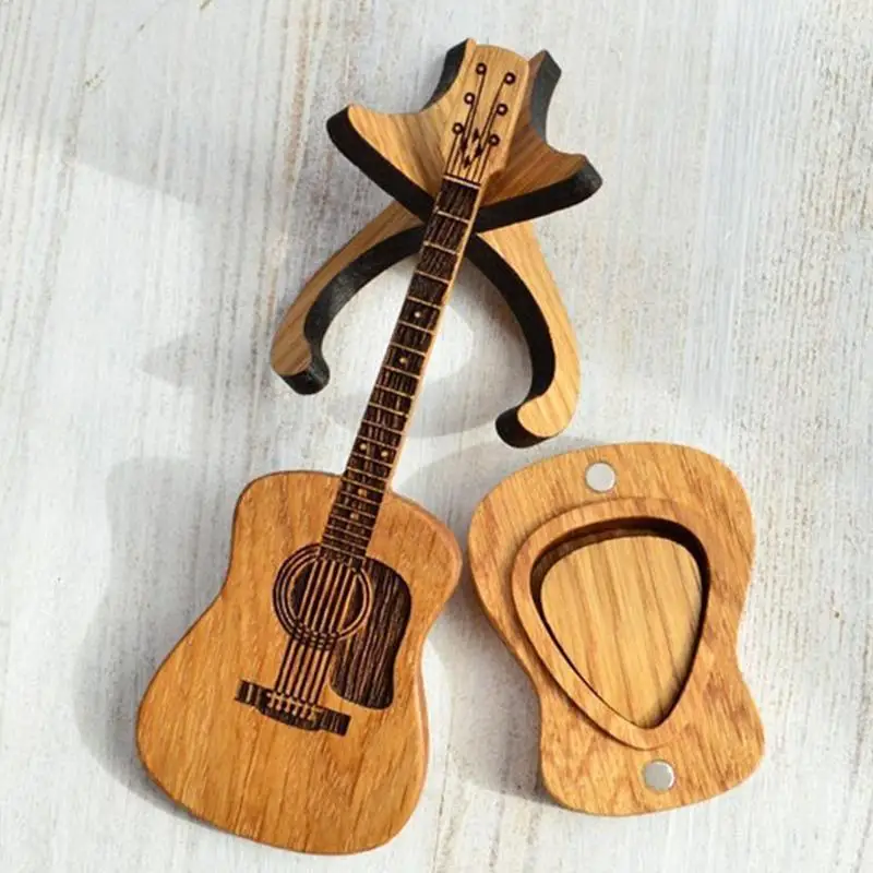 Estuche de exposición para púas de guitarra, organizador de púas de guitarra acústica de madera, contenedor de almacenamiento para púas de guitarra, estante en forma de guitarra para exhibición de púas de bajo