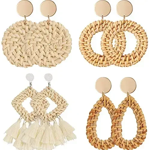 4 Pairs Unique Rattan Earrings Tassel Bohemian Earrings Handmade Straw Wicker Braid Hoop Drop Dangle Earrings For Women Girls