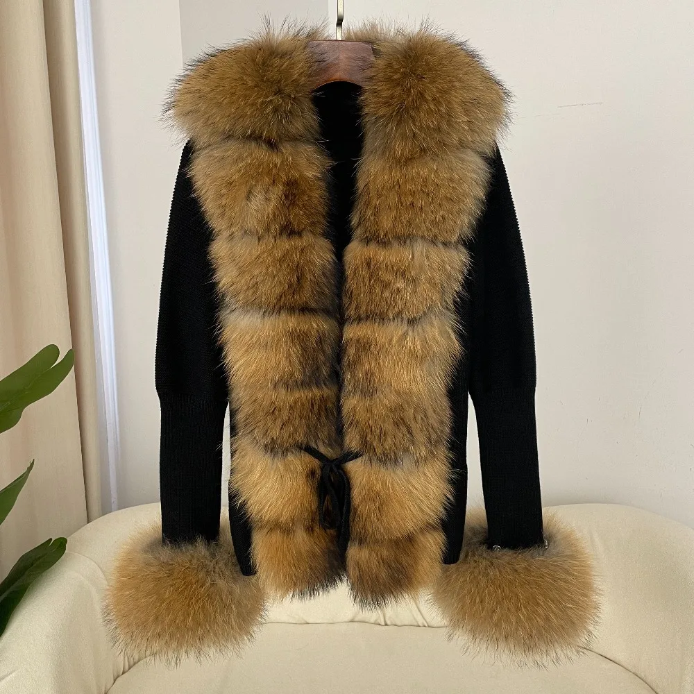 Reality Fur Jacket Luxury Patchwork Knitted Sweater Bandage Fur Cardigan Detachable Collar New Autumn-winter Women's Fur Coat
