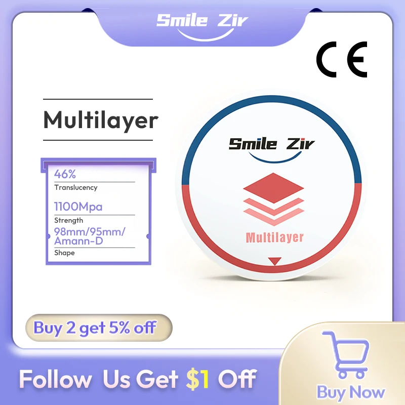 

Стоматологический многослойный циркониевый диск Smile_Zir для открытых CAD/CAM систем, 98 мм, 16 цветов Vita, материал для зуботехнических лабораторий