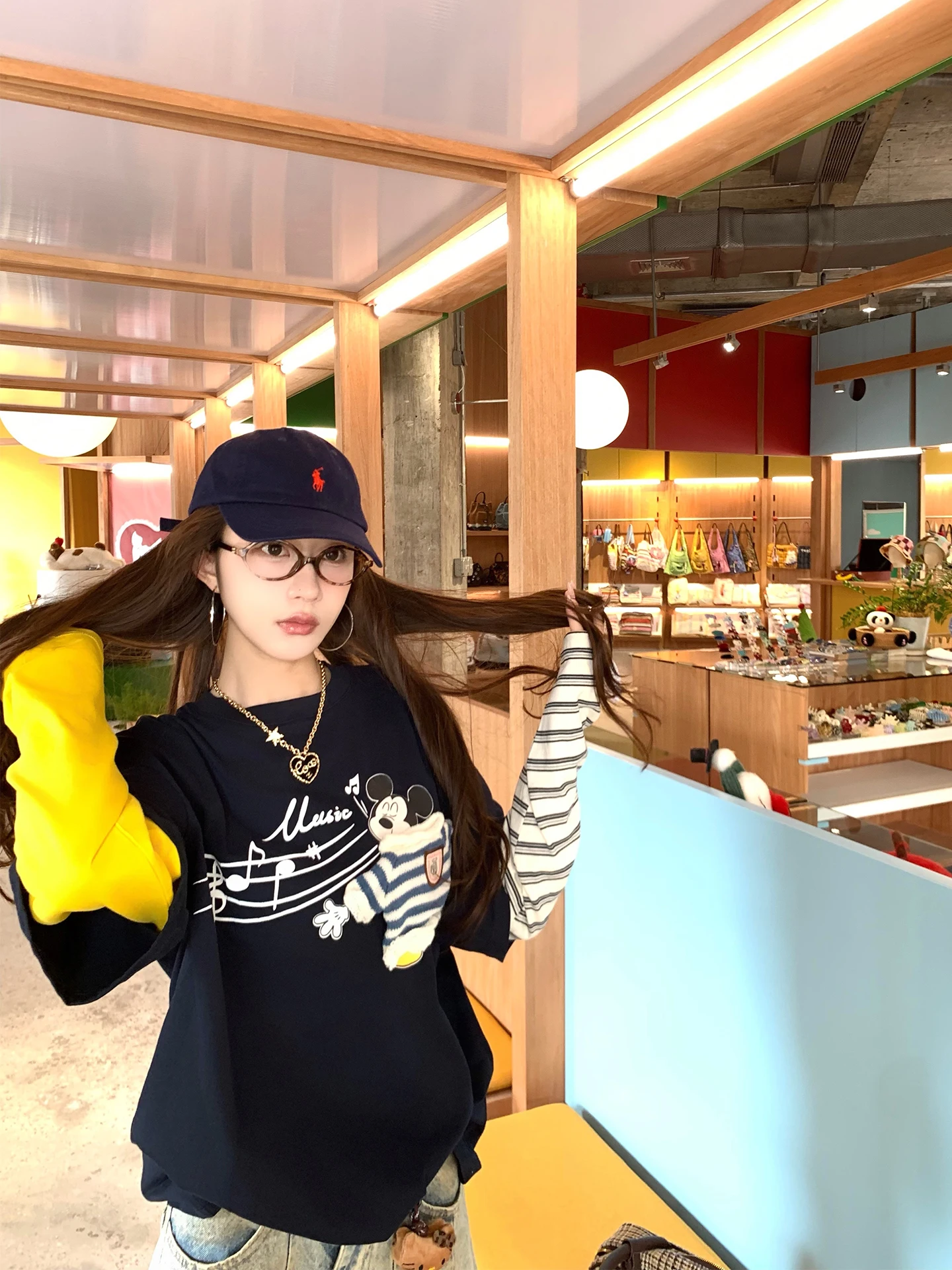 

Xueke Color Blo Knitted Long Sve T-irt Women Casual Versatile Top Design Fake Two-Piece Loose Fit round Ne