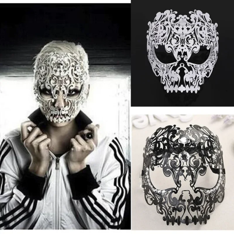 

Halloween Props Metal Diamond Iron Mask One Eye Full Face Adult Men's Horror Masquerade White Gold