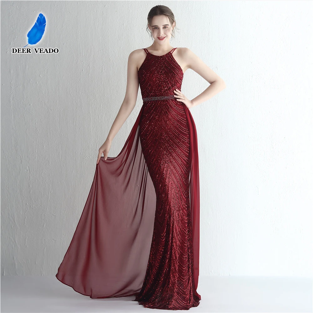 

DEERVEADO Burgundy Sequin Evening Dress Party Maxi Dress With Detachable Chiffon Train Women Chic Beading Long Prom Dresses