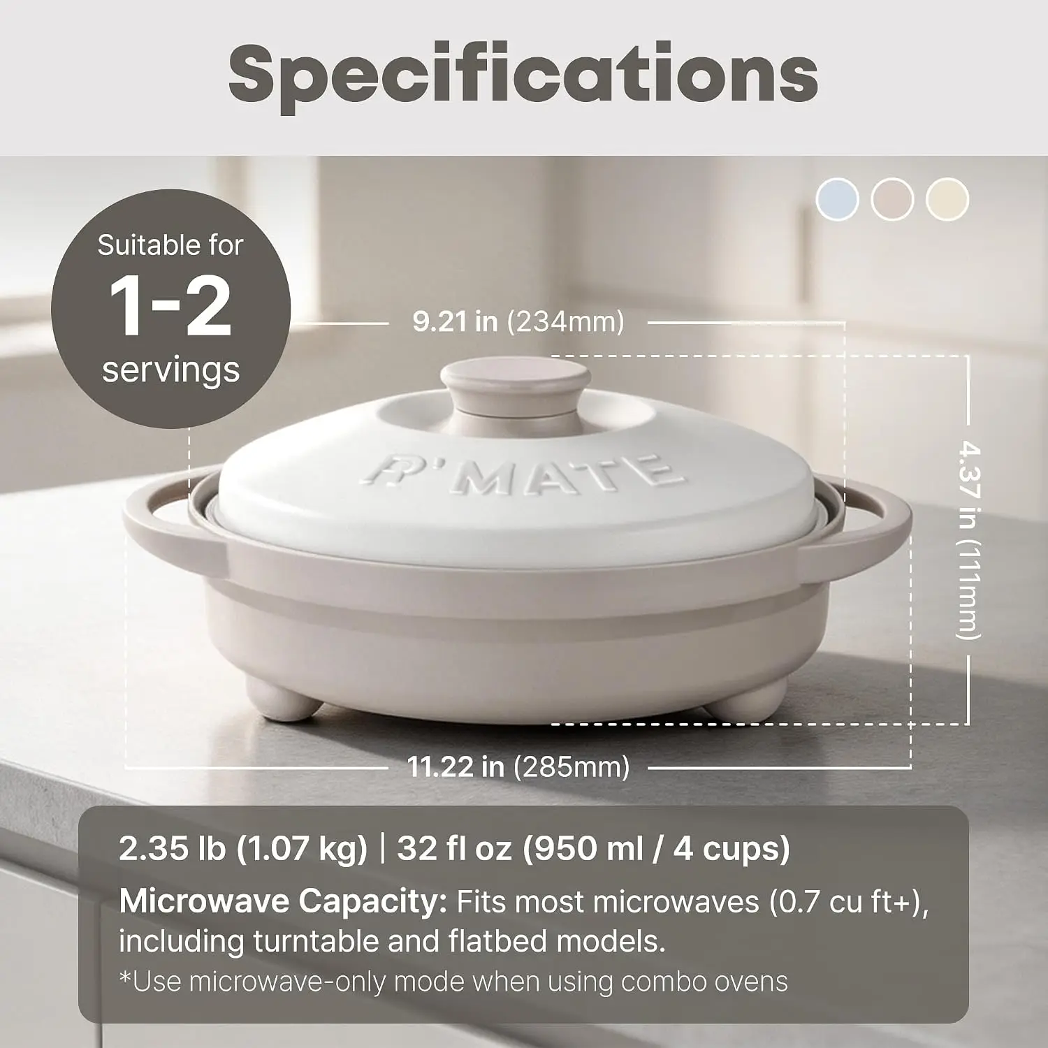 Microwave Searing Grill Pan and Crisper with Lid, 750°F (400°C) Multi-Cooker for Quick Meals, RV & Dorm Use, 100% Dishwasher-Safe, Himalayan Greige