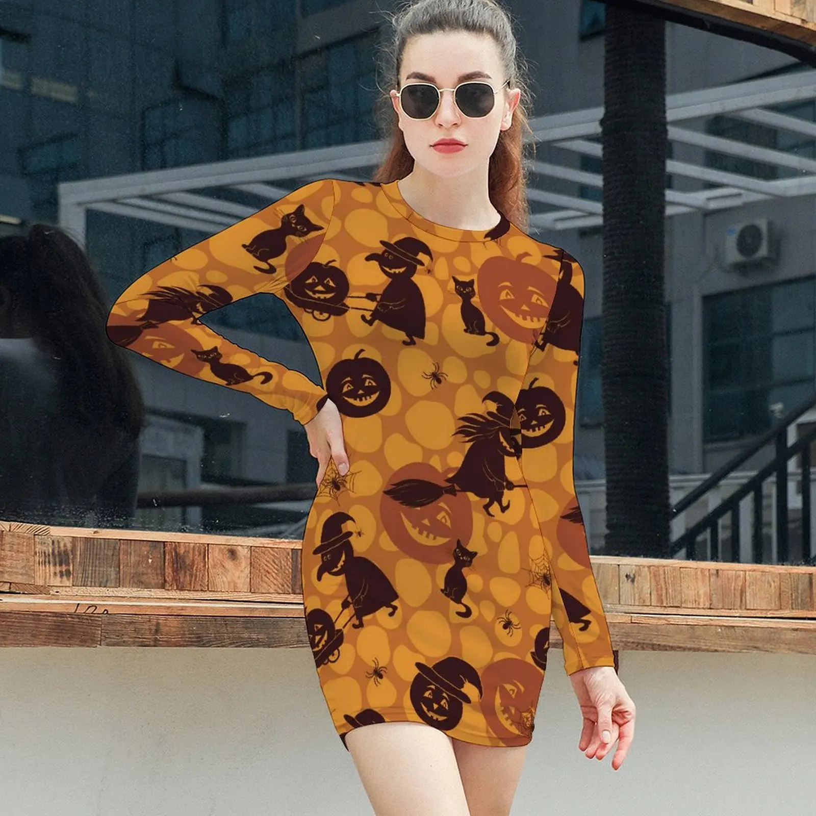 Happy Haunts Bodycon Dress Woman Halloween Symbols Kawaii Dresses Autumn Long Sleeve Street Wear Graphic Dress Large Size