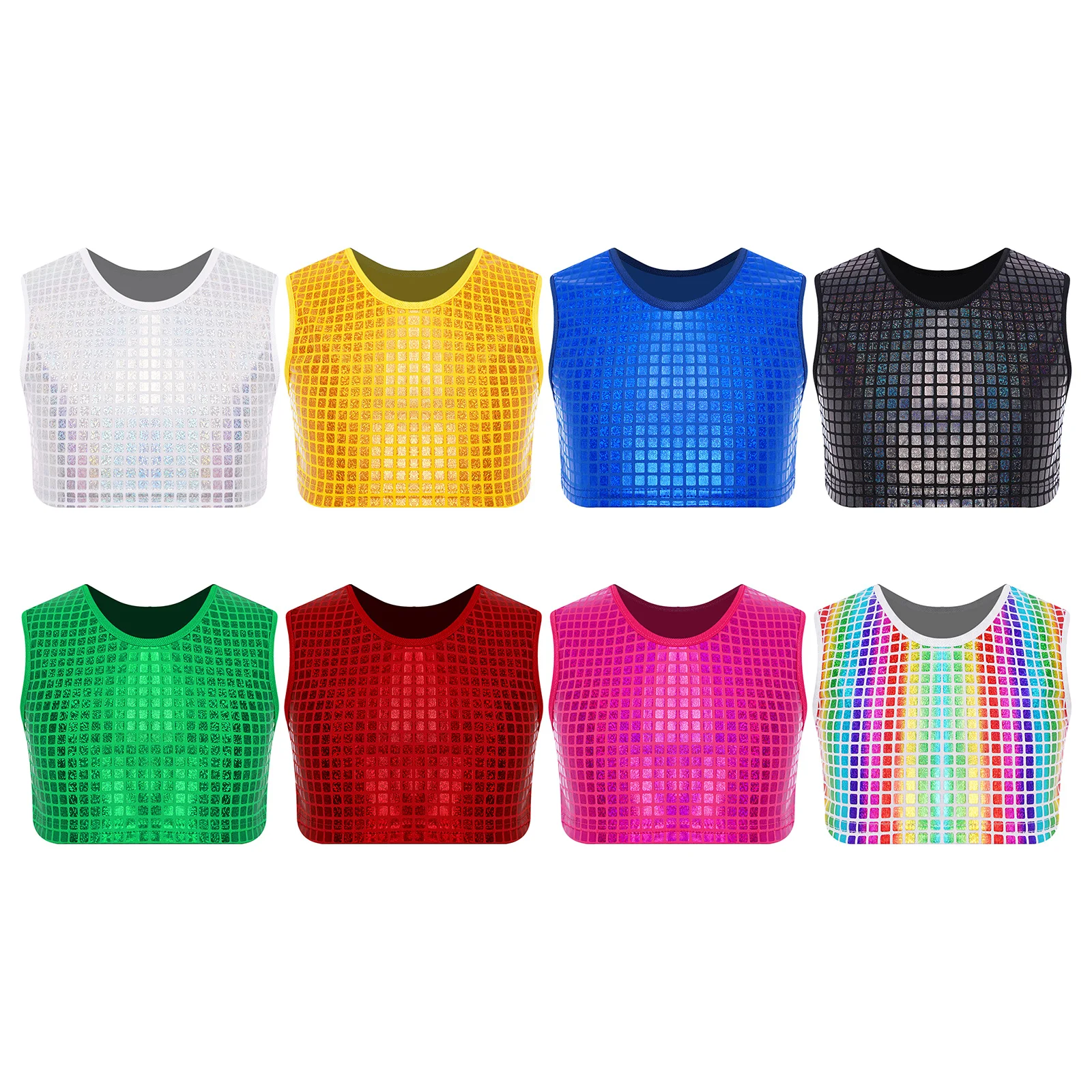 

Girls Boys Cheerleading Dance Tops Prom Party Stage Performance Costume Metallic Plaid Jazz Dance Crop Top Sleeveless Vest Tops