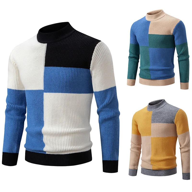 Men’s Mock Neck Pullovers Youthful Vitality Fashion Patchwork Knitted Sweater Men Slim Casual Pullover Autumn Wintr Knitwear Man