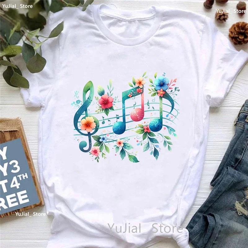 Watercolor Music Note Flowers Print T Shirt Girls Summer Fashion T-Shirt Womem Hip Hop Tshirt Femme Harajuku Shirt Streetwear