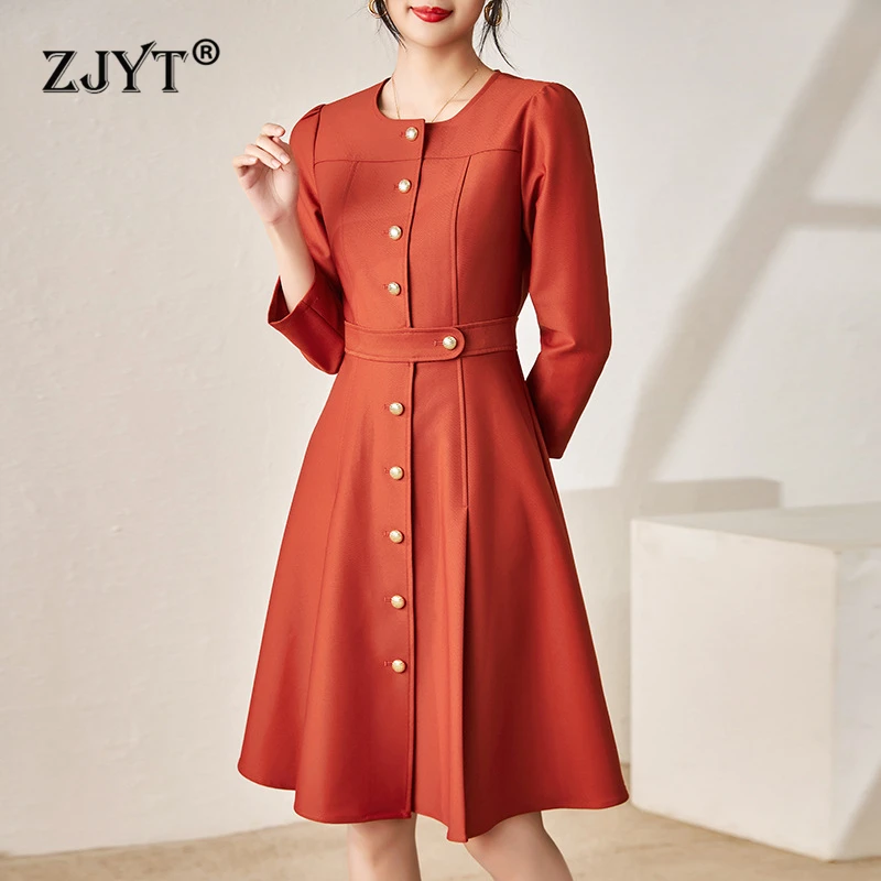 

ZJYT Fashion Women's Autumn Elegant Dresses Long Sleeve Brief Solid Single Breasted Aline Office Casual Dress Female Vestidos